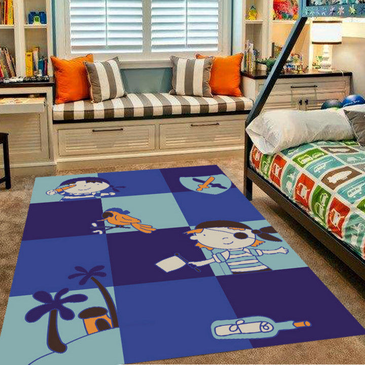 Stornfield | Pink and Blue Nursery Rug with Animal Pattern Bird Elephant Giraffe Non-Slip Polyester Area Rug