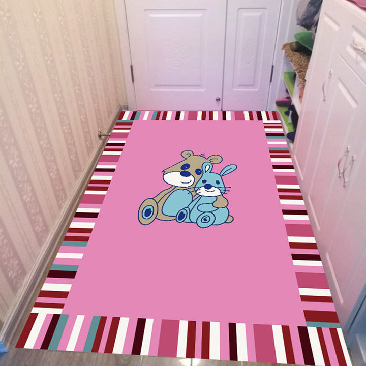 Stornfield | Pink and Blue Nursery Rug with Animal Pattern Bird Elephant Giraffe Non-Slip Polyester Area Rug
