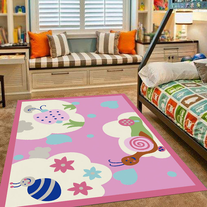 Stornfield | Pink and Blue Nursery Rug with Animal Pattern Bird Elephant Giraffe Non-Slip Polyester Area Rug