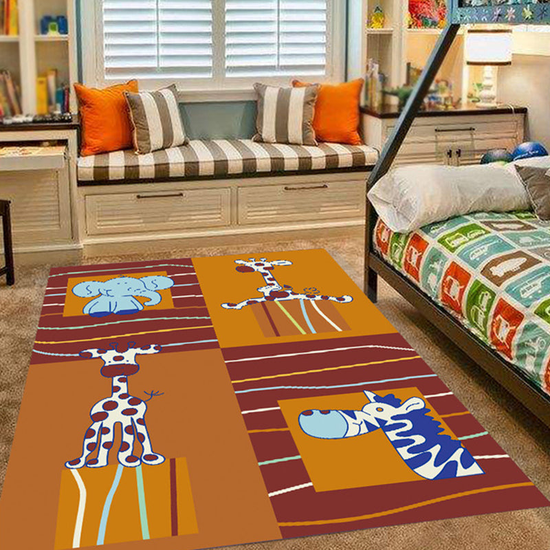 Stornfield | Pink and Blue Nursery Rug with Animal Pattern Bird Elephant Giraffe Non-Slip Polyester Area Rug