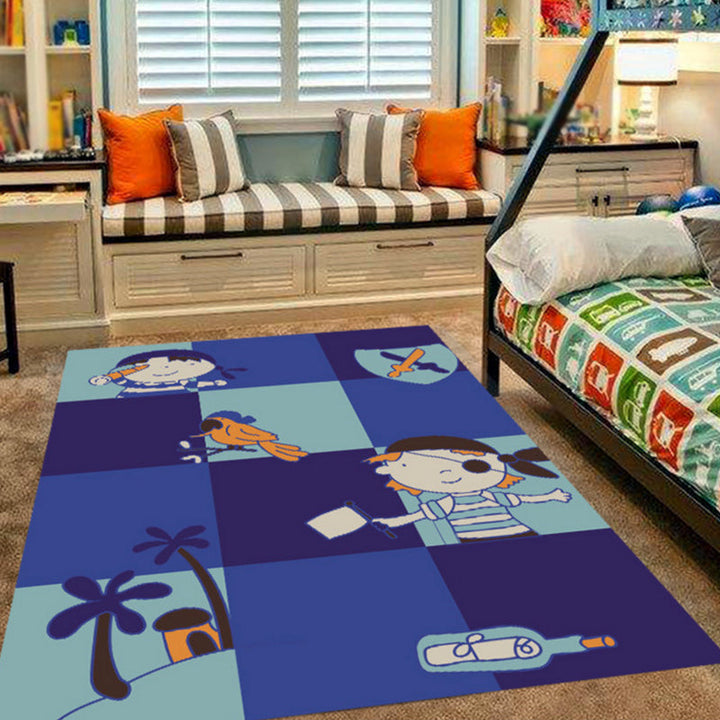 Stornfield | Pink and Blue Nursery Rug with Animal Pattern Bird Elephant Giraffe Non-Slip Polyester Area Rug