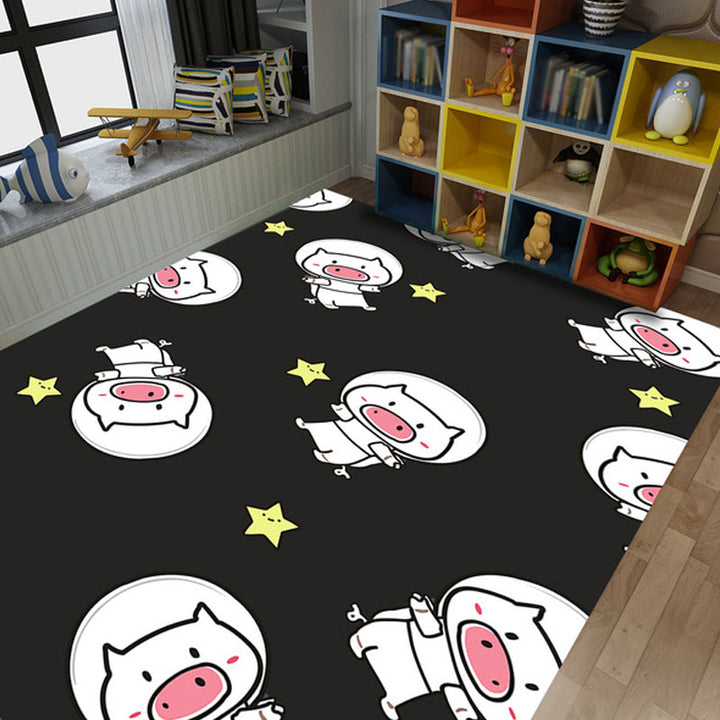 Stornfield | Kids' Rug in Black and Pink with Animal Patterns - Tiger, Elephant, Pig - Polyester Stain Resistant Area Rug