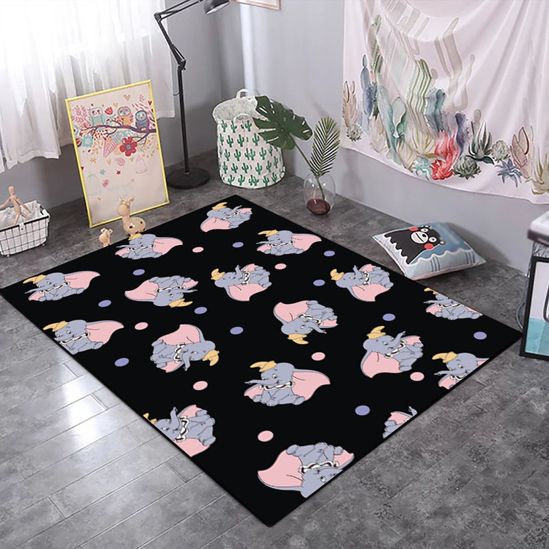 Stornfield | Kids' Rug in Black and Pink with Animal Patterns - Tiger, Elephant, Pig - Polyester Stain Resistant Area Rug