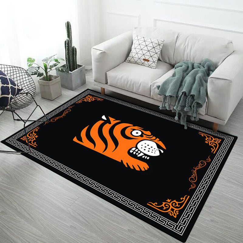 Stornfield | Kids' Rug in Black and Pink with Animal Patterns - Tiger, Elephant, Pig - Polyester Stain Resistant Area Rug