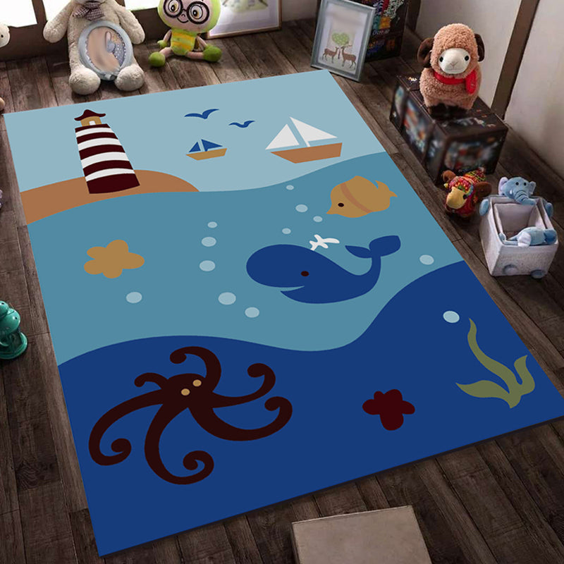 Stornfield | Blue and Black Kids Rug Fairy Tale Whale Ocean Crayon Pattern Polyester Rug Washable Carpet