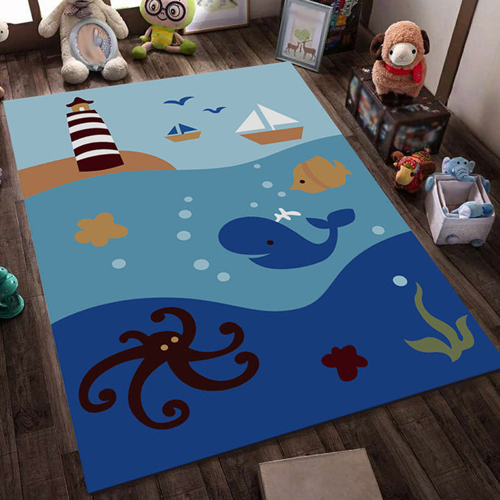 Stornfield | Blue and Black Kids Rug Fairy Tale Whale Ocean Crayon Pattern Polyester Rug Washable Carpet