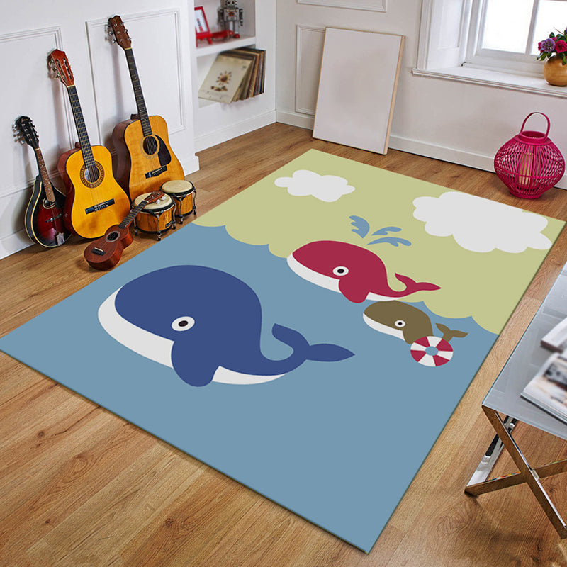 Stornfield | Blue and Black Kids Rug Fairy Tale Whale Ocean Crayon Pattern Polyester Rug Washable Carpet