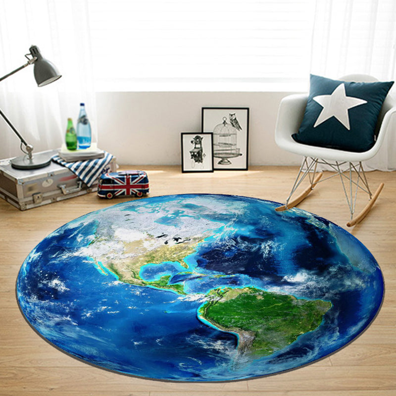 Stornfield | Blue Rug for Kids Room Planet Galaxy Airplane Pattern Polyester Area Rug Non-Slip Carpet
