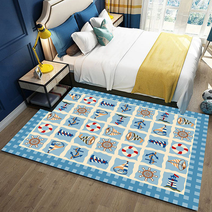 Stornfield | Blue Kids Room Rug Coastal Anchor Pattern Oar Rug Polyester Non-Slip Backing Rug