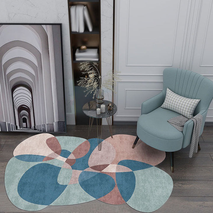 Stornfield | Novelty Living Room Irregular Grey and Blue Color Block Print Polyester Area Rug with Non-Slip Backing