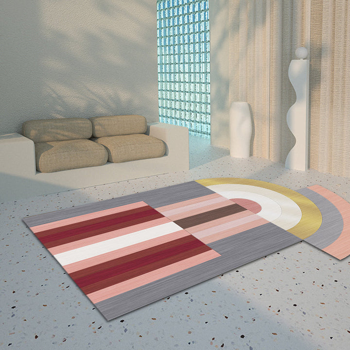 Stornfield | Red and Grey Irregular Bedroom Rug, Color Block Pattern Polyester with Non-Slip Backing