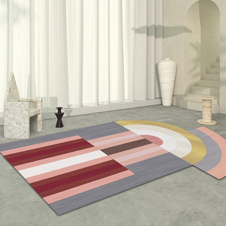 Stornfield | Red and Grey Irregular Bedroom Rug, Color Block Pattern Polyester with Non-Slip Backing