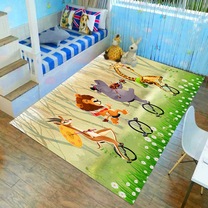 Stornfield | Brown and Green Lion Elephant Deer Animal Pattern Polyester Kids Bedroom Rug, Non-slip Mat