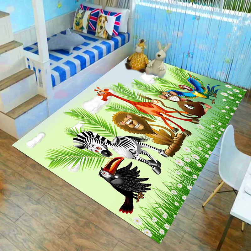 Stornfield | Brown and Green Lion Elephant Deer Animal Pattern Polyester Kids Bedroom Rug, Non-slip Mat
