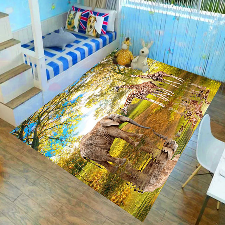 Stornfield | Brown and Green Lion Elephant Deer Animal Pattern Polyester Kids Bedroom Rug, Non-slip Mat