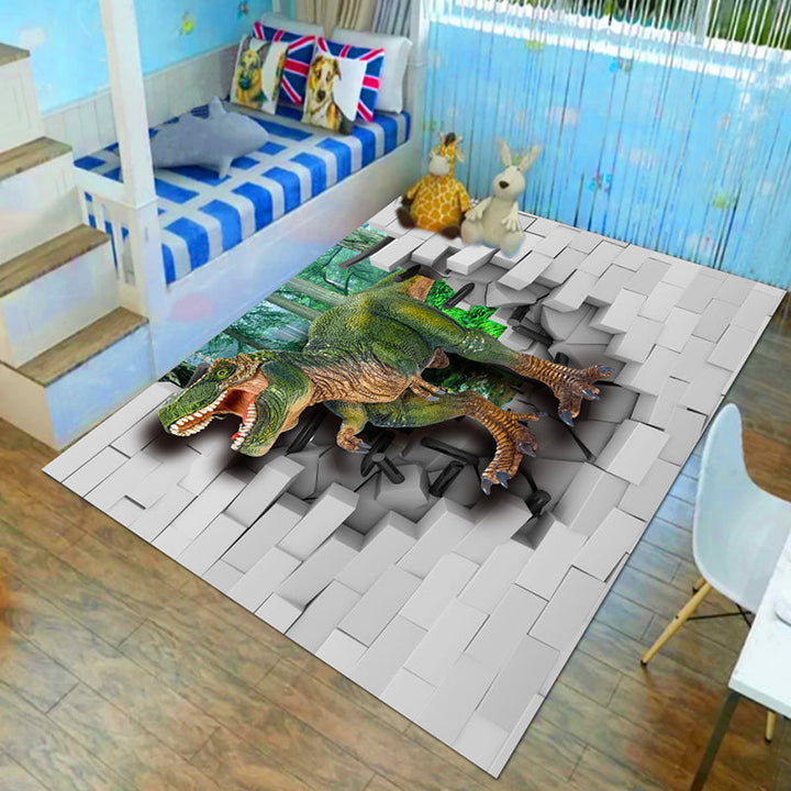 Stornfield | Brown and Green Lion Elephant Deer Animal Pattern Polyester Kids Bedroom Rug, Non-slip Mat