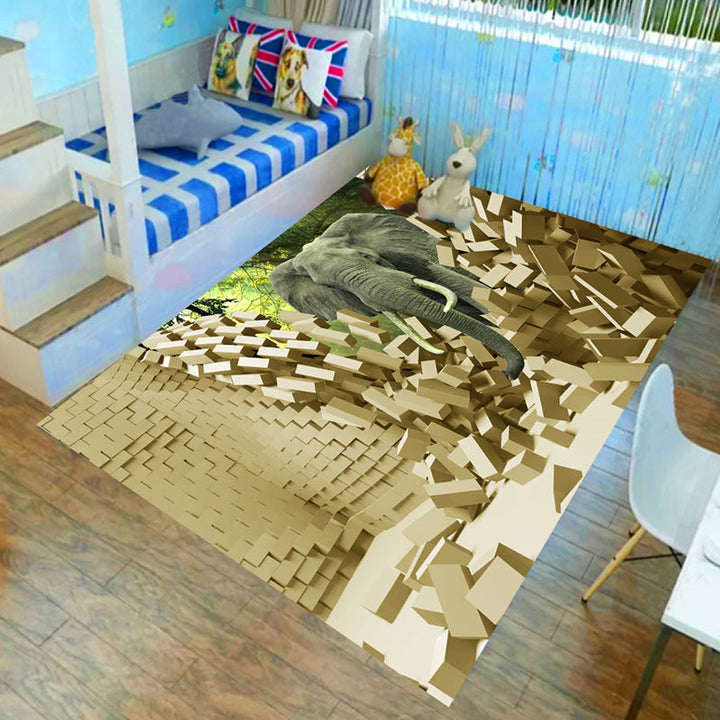 Stornfield | Brown and Green Lion Elephant Deer Animal Pattern Polyester Kids Bedroom Rug, Non-slip Mat