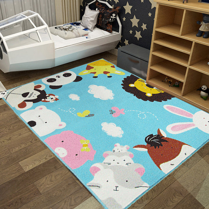 Stornfield | Cute Kids' Rug with Animal Pattern in Green and Blue Lion Panda Penguin Non-Slip Polyester Mat for Children's Playroom