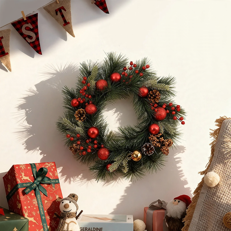 Decorative Christmas wreath with pine needles and pine branches