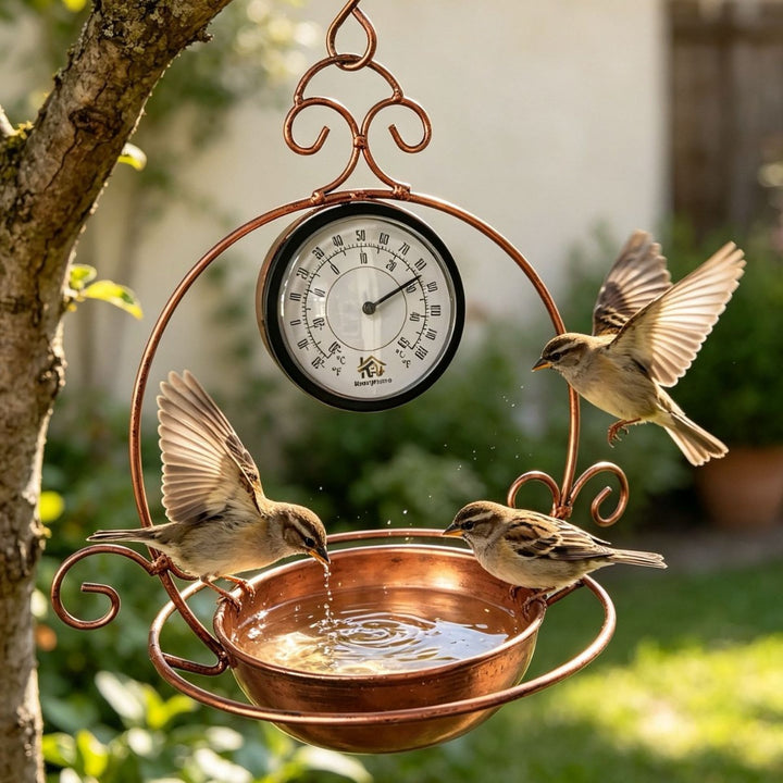 Hanging bird feeder station made of iron with thermometer