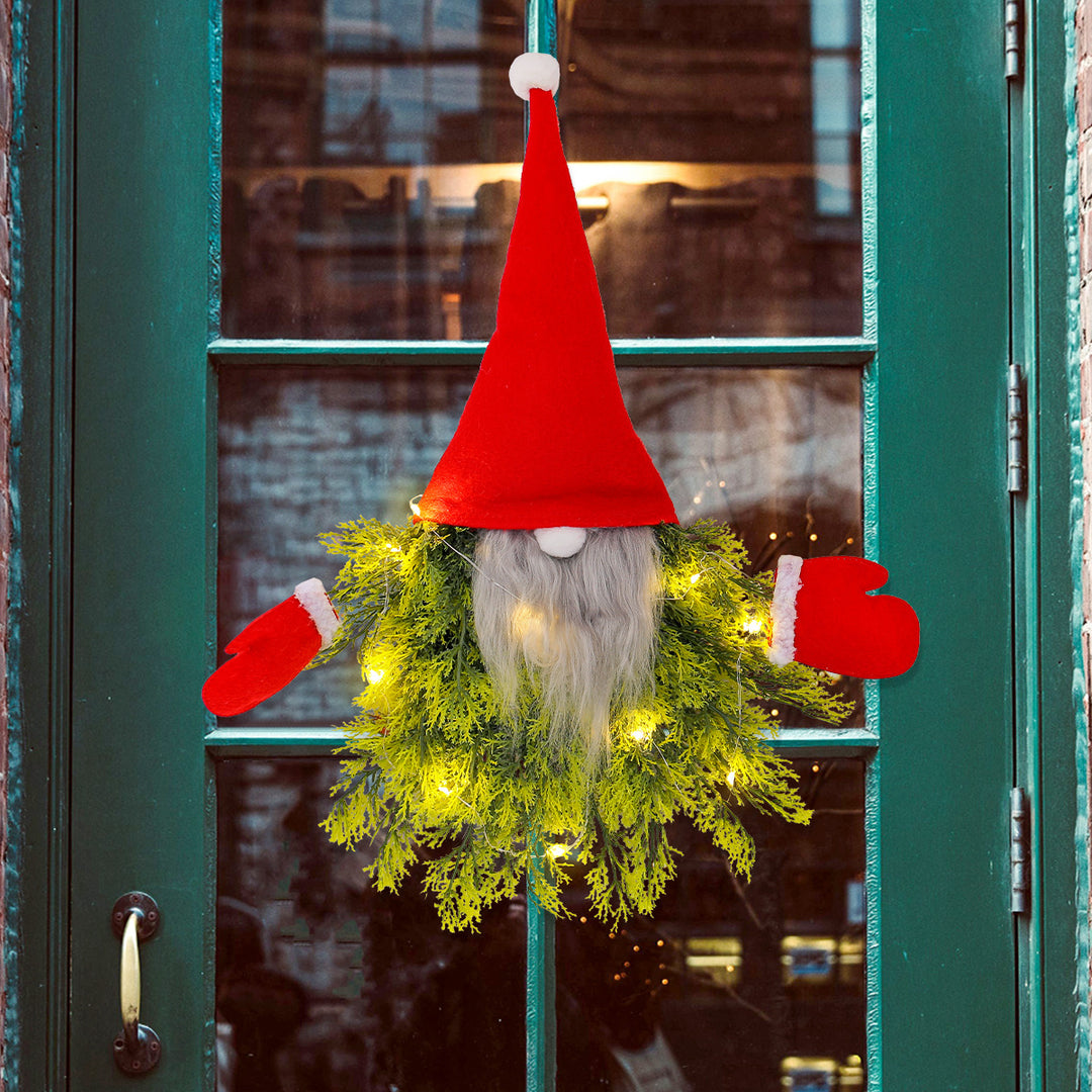 Christmas door wreath with gnome motif and lighting