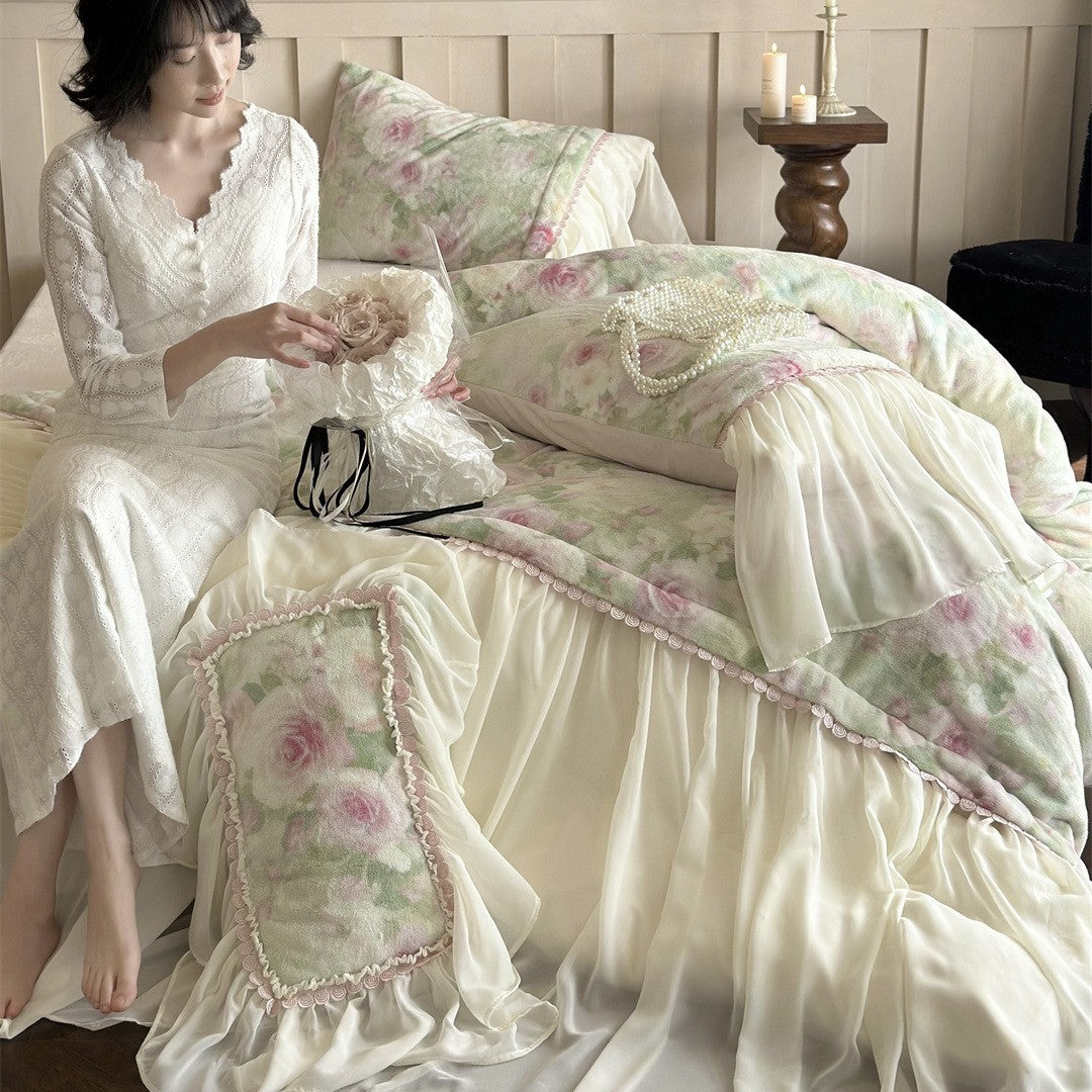 Bed linen set made of milk fiber fleece, embroidered, French style