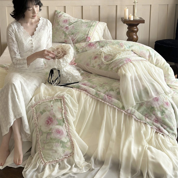 Bed linen set made of milk fiber fleece, embroidered, French style