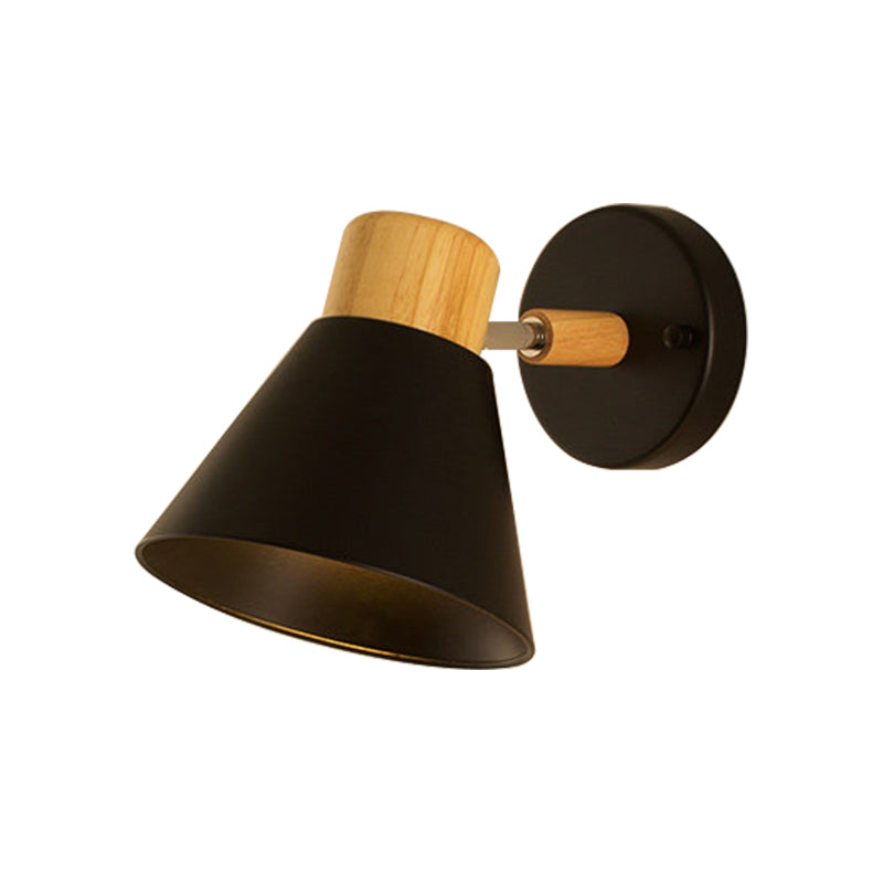 Nordic Stylish Cone Shade Wall Mount Light Metal and Wood 1 Bulb Bedside Rotatable Wall Sconce in Black/White | Stornfield