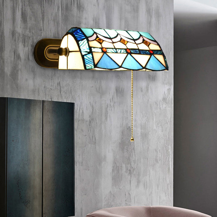 Mediterranean Banker Lamp with Pull Chain Stained Glass 1 Light Wall Sconce in Blue | Stornfield