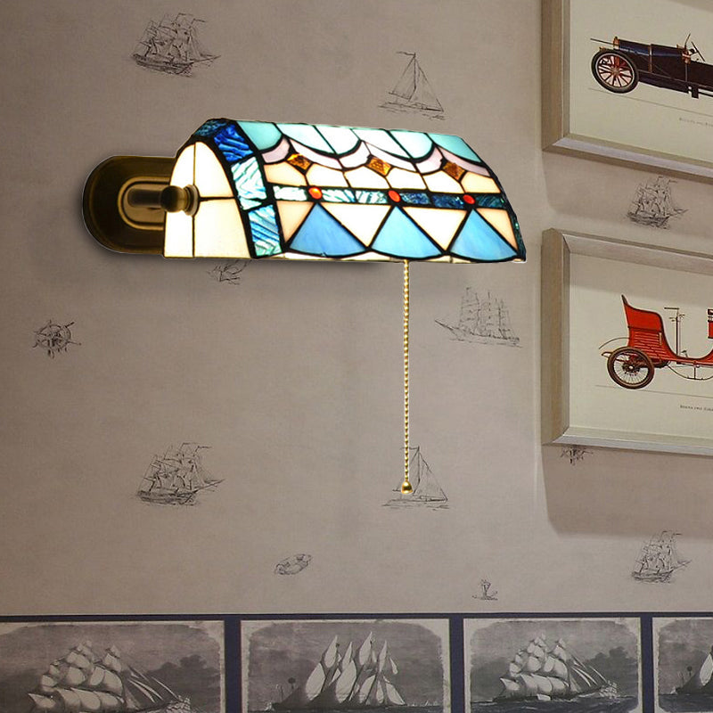 Mediterranean Banker Lamp with Pull Chain Stained Glass 1 Light Wall Sconce in Blue | Stornfield