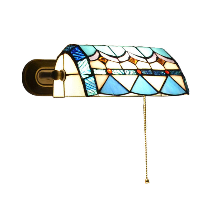 Mediterranean Banker Lamp with Pull Chain Stained Glass 1 Light Wall Sconce in Blue | Stornfield