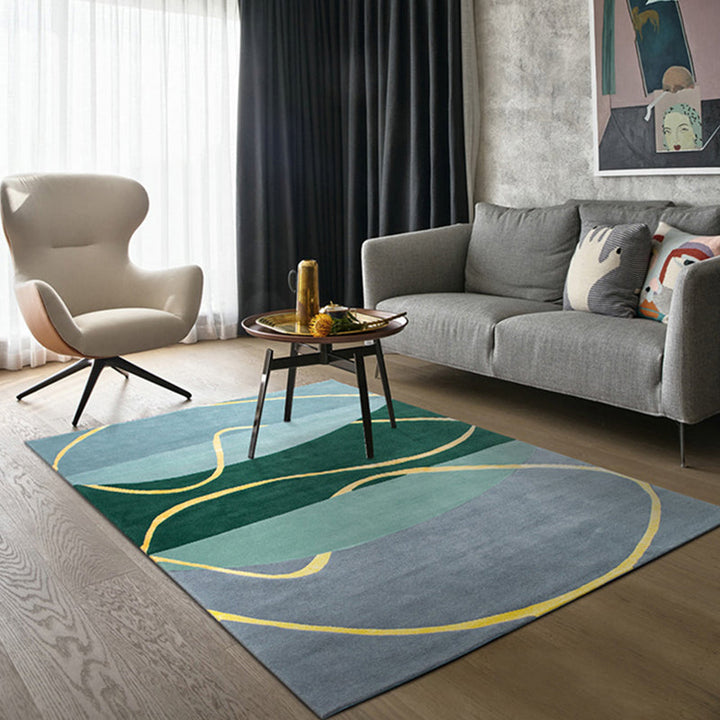 Stornfield | Blue and Green Abstract Polyester Rug Modernist Washable Pet-Friendly Area Rug for Living Room