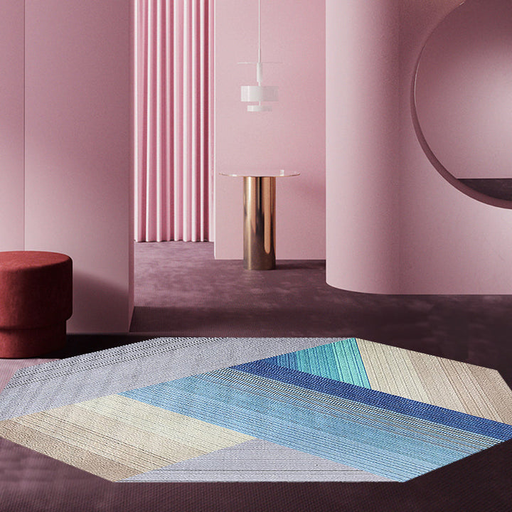 Stornfield | Blue Irregular Novelty Striped Geometric Polyester Bedroom Rug with Non-Slip Backing Area Rug