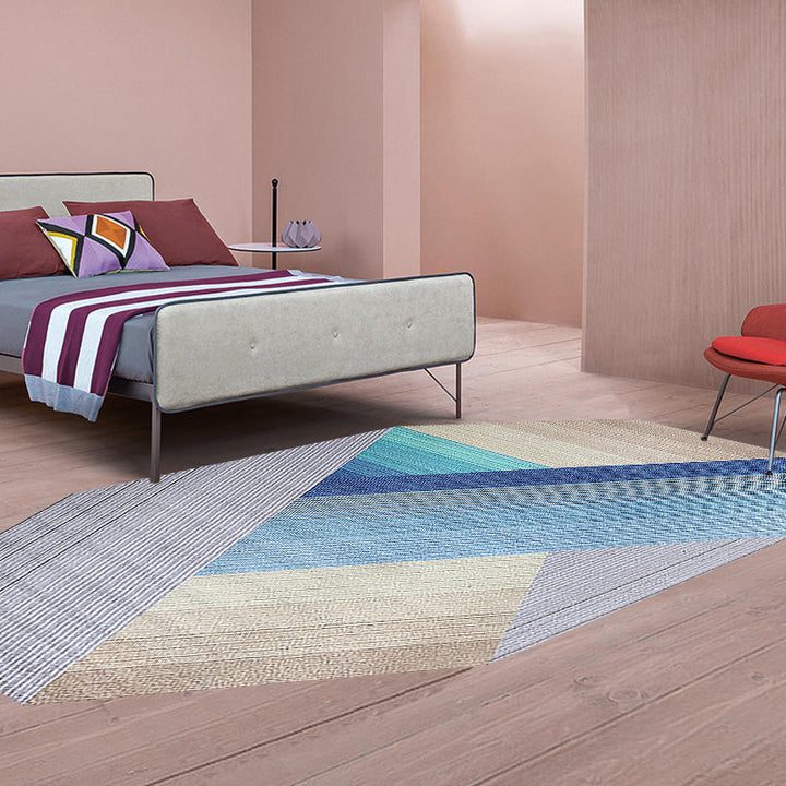 Stornfield | Blue Irregular Novelty Striped Geometric Polyester Bedroom Rug with Non-Slip Backing Area Rug