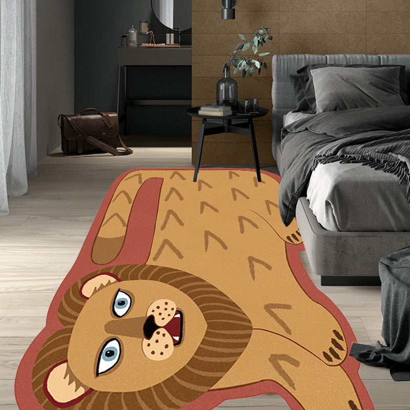 Stornfield | Stylish Irregular Children's Rug in Pink and Brown with Tiger Lion Animal Motif Polyester Washable Rug for Kids' Room