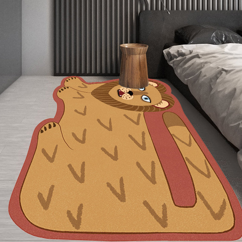 Stornfield | Stylish Irregular Children's Rug in Pink and Brown with Tiger Lion Animal Motif Polyester Washable Rug for Kids' Room