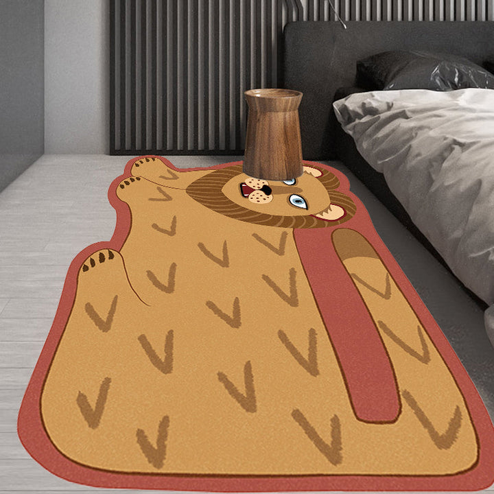 Stornfield | Stylish Irregular Children's Rug in Pink and Brown with Tiger Lion Animal Motif Polyester Washable Rug for Kids' Room