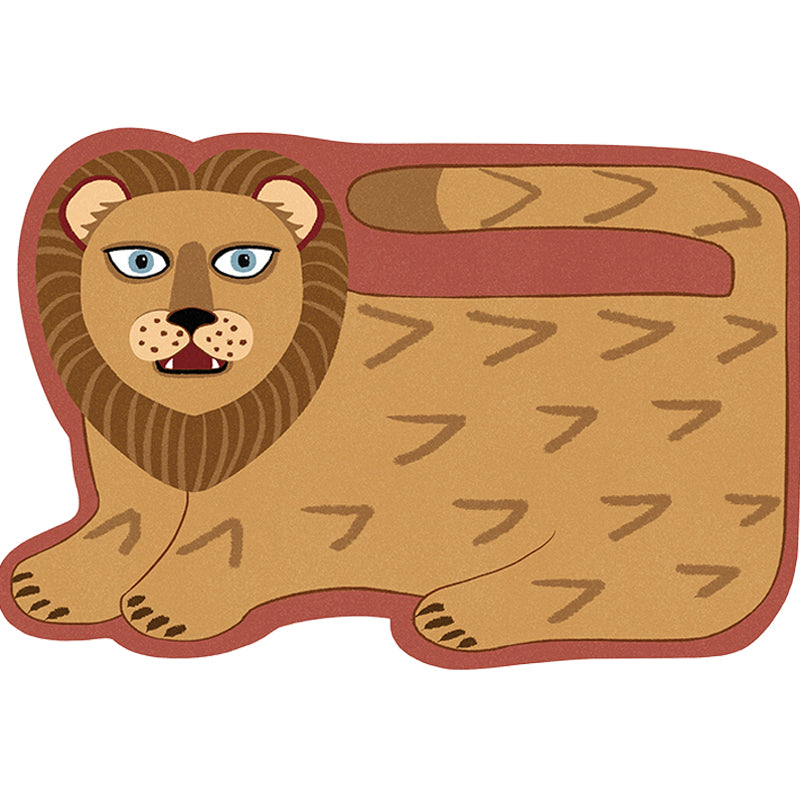 Stornfield | Stylish Irregular Children's Rug in Pink and Brown with Tiger Lion Animal Motif Polyester Washable Rug for Kids' Room