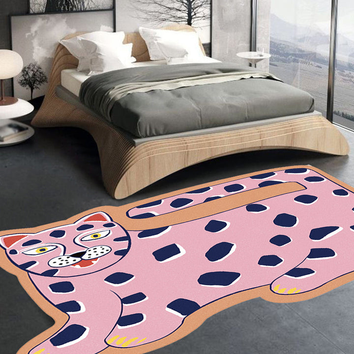 Stornfield | Stylish Irregular Children's Rug in Pink and Brown with Tiger Lion Animal Motif Polyester Washable Rug for Kids' Room