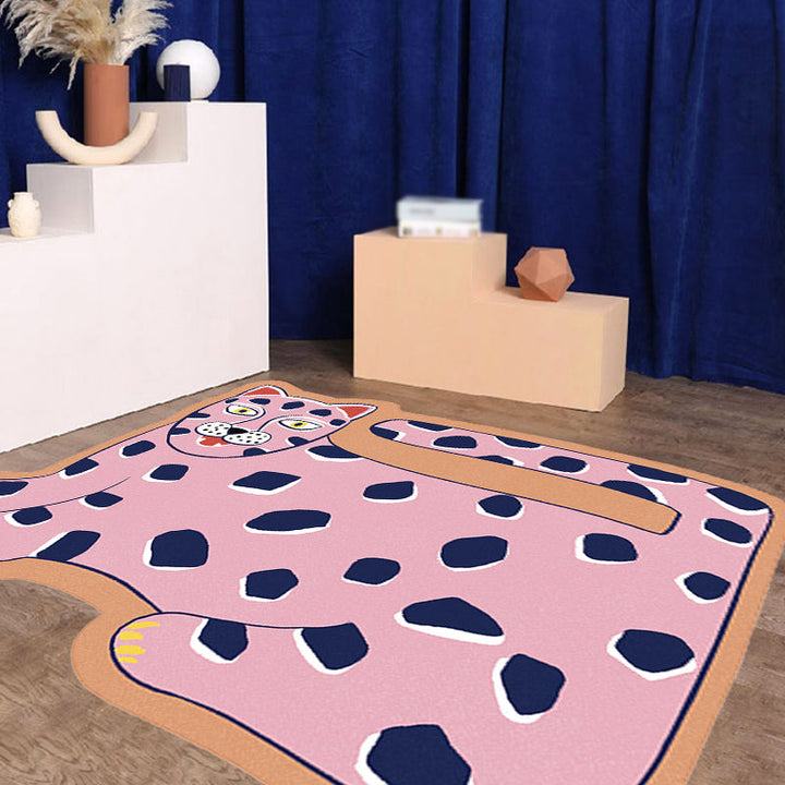 Stornfield | Stylish Irregular Children's Rug in Pink and Brown with Tiger Lion Animal Motif Polyester Washable Rug for Kids' Room