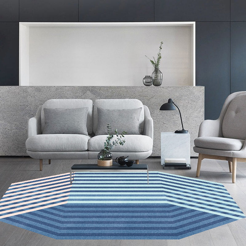 Stornfield | Modern Irregular Blue Striped Velvet Rug Washable Polyester Carpet for Home Decor