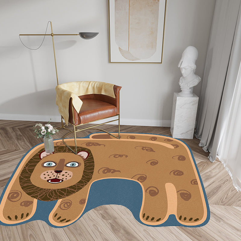 Stornfield | Kids Irregular Bedroom Rug in Red and Brown with Tiger Lion Leopard Print Polyester Rug with Non-Slip Base