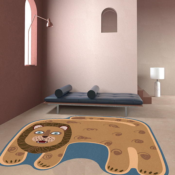 Stornfield | Kids Irregular Bedroom Rug in Red and Brown with Tiger Lion Leopard Print Polyester Rug with Non-Slip Base