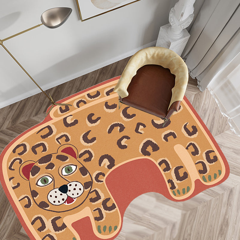 Stornfield | Kids Irregular Bedroom Rug in Red and Brown with Tiger Lion Leopard Print Polyester Rug with Non-Slip Base