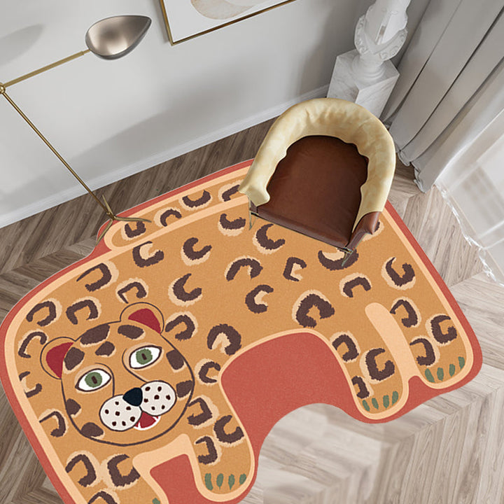 Stornfield | Kids Irregular Bedroom Rug in Red and Brown with Tiger Lion Leopard Print Polyester Rug with Non-Slip Base