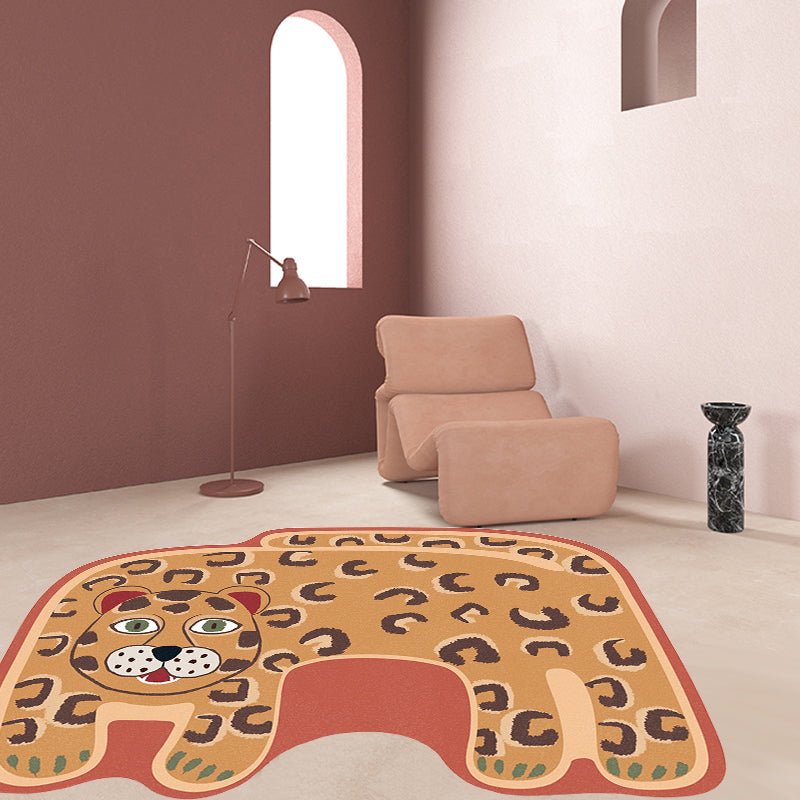 Stornfield | Kids Irregular Bedroom Rug in Red and Brown with Tiger Lion Leopard Print Polyester Rug with Non-Slip Base