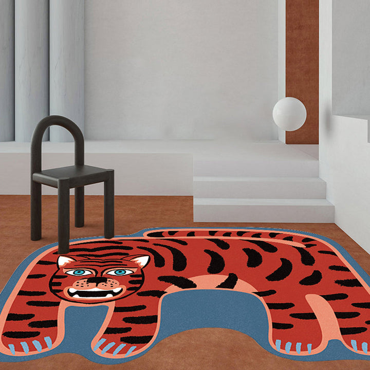 Stornfield | Kids Irregular Bedroom Rug in Red and Brown with Tiger Lion Leopard Print Polyester Rug with Non-Slip Base