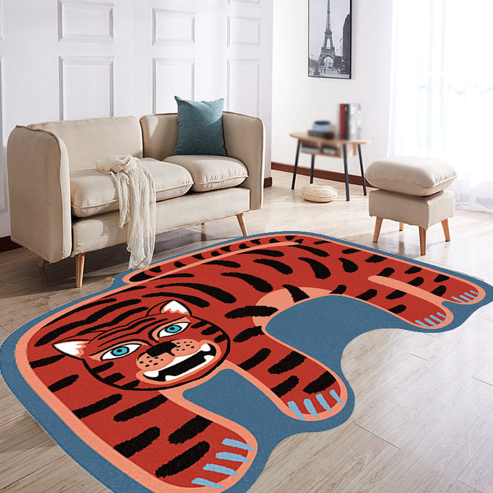 Stornfield | Kids Irregular Bedroom Rug in Red and Brown with Tiger Lion Leopard Print Polyester Rug with Non-Slip Base