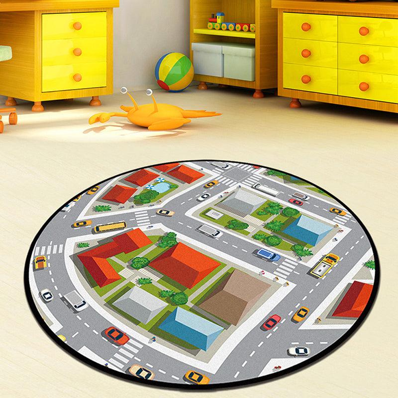 Stornfield | Grey and Green Polyester Children's Rug, Road Pattern, Easy-to-Wash Mat, Non-Slip Backing, Decorative Rug
