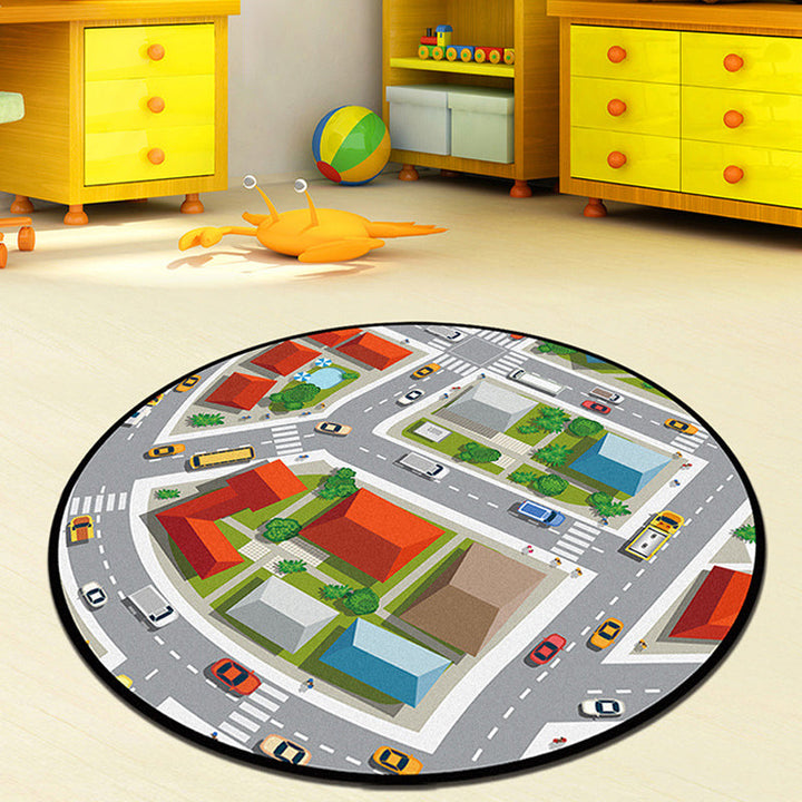 Stornfield | Grey and Green Polyester Children's Rug, Road Pattern, Easy-to-Wash Mat, Non-Slip Backing, Decorative Rug
